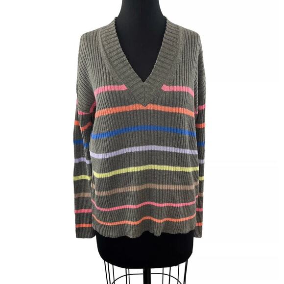 Lisa Todd Neon Stripe V Sweater Size M Gray Pink Cotton Linen Relaxed Maximalist - Picture 4 of 11